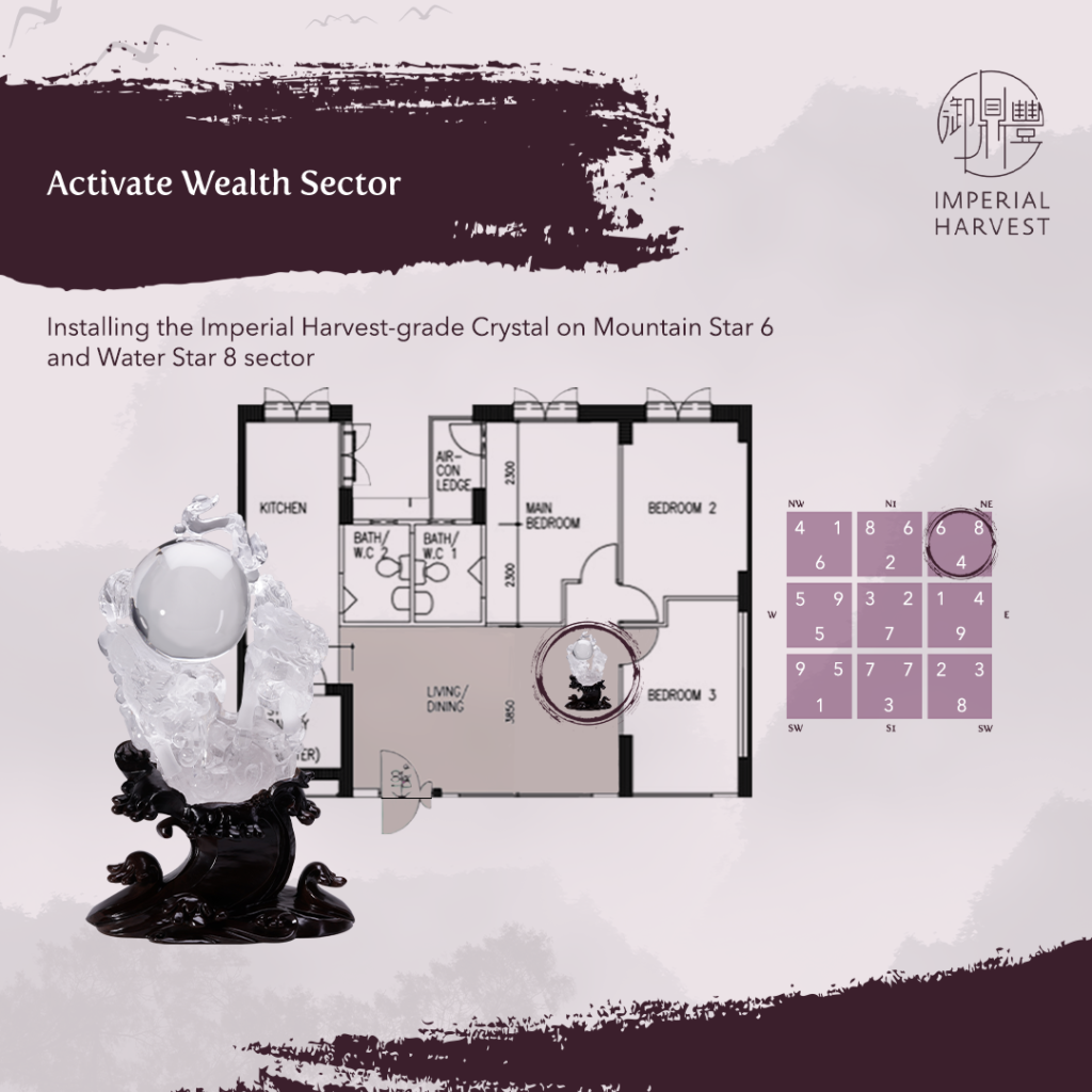 Main Wealth Sector sits on the flying star combination of mountain star 6 and water star 8.