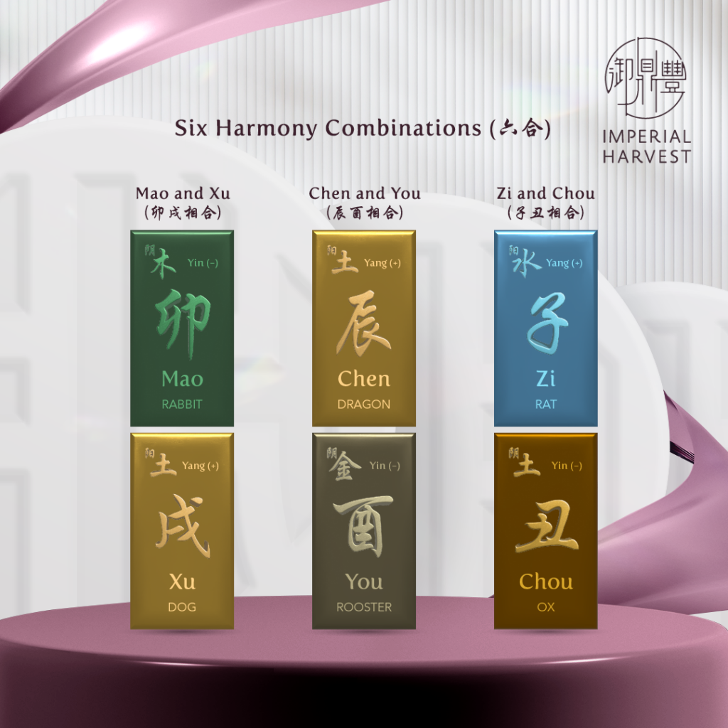 Six Harmony combinations present in the 12 Earthly Branches: Mao-Xu, Chen-You and Zi-Chou