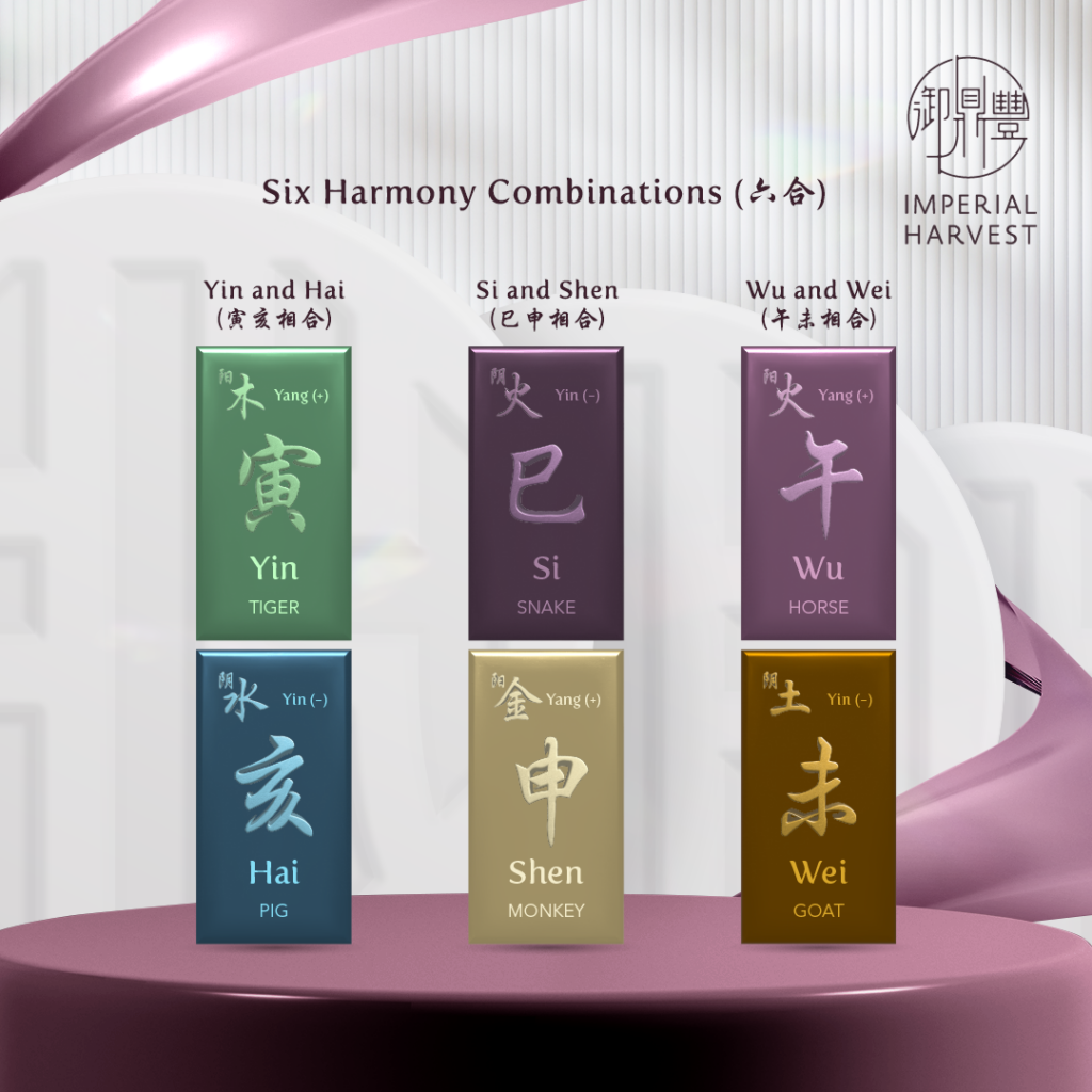 Six Harmony combinations present in the 12 Earthly Branches: Yin-Hai, Si-Shen and Wu-wei