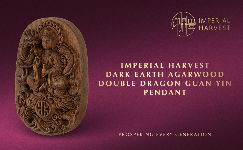 The Imperial Harvest Dark Earth Agarwood Double Dragon Guan Yin Pendant