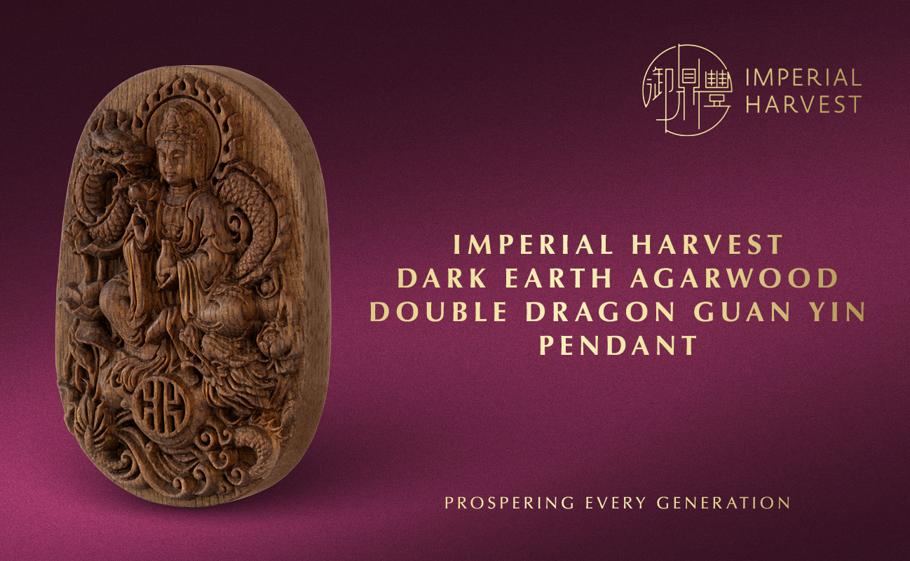 The Imperial Harvest Dark Earth Agarwood Double Dragon Guan Yin Pendant